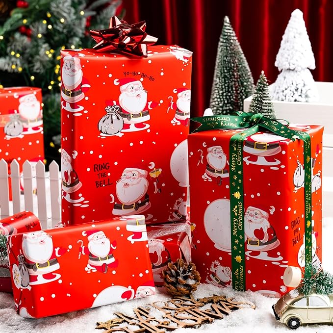MAYPLUSS Santa Christmas Wrapping Paper Roll - 17 Inch X 33 Feet - Red Vintage Festive Santa Claus HO Design Winter Holiday Gift Wrap Sheet for Family gifts, Christmas Eve, Birthday, Party