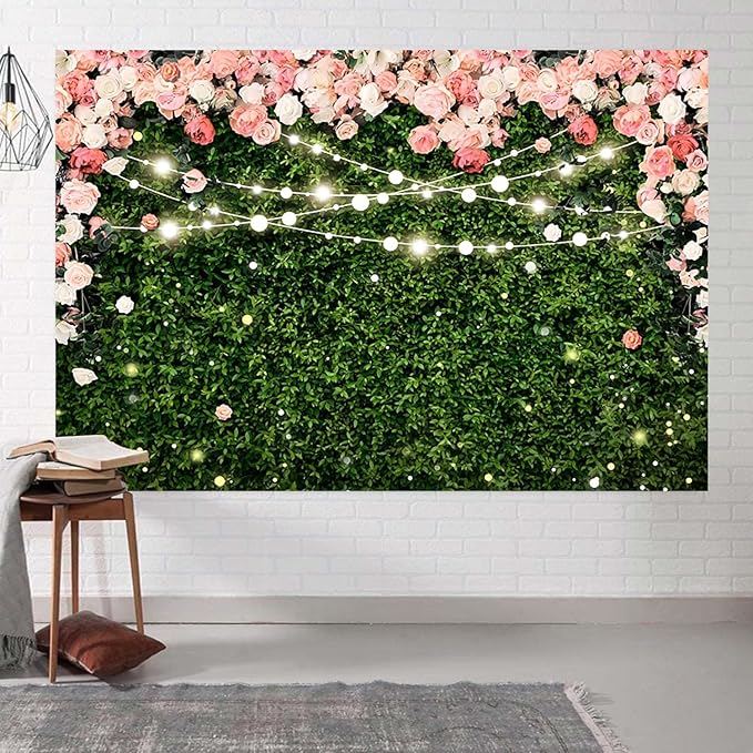 8x6ft Flower Wall Backdrop Pink Rose Floral Blossom Green Leaves Photography Background Women Girls Birthday Party Wedding Banner Decorations Portraits Supplies Photo Booth Props