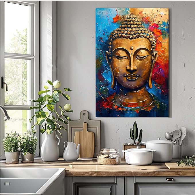 Golden Serenity Buddha Vintage Painting Wall Art Spirituality and Modern Art Wall Decor Adds Brilliance to Vibrant Home Decor 24x36in Frameless