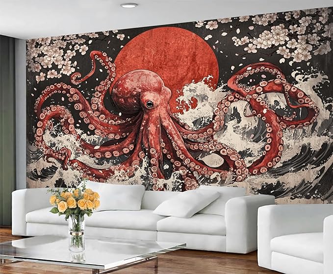 Japanese Wave Octopus Wall Mural, Japanese Traditional 3D Wall Murals, Ocean and Octopus Wallpaper Mural, for Living Room Bedroom Large Wallpaper Indoor Decor 177.16" W x120 H
