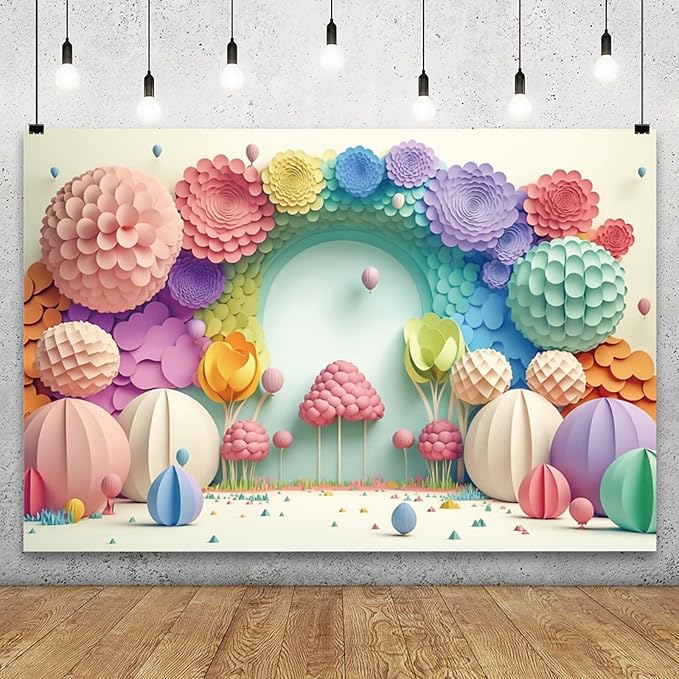 YongFoto Paper Flowers Backdrop 12x8ft Colorful Cut Paper Floral Blossom Rainbow Arch Hot Air Balloon Honeycomb Ball Photography Background Lovely Party Banner Home Decor Photo Studio Booth Props