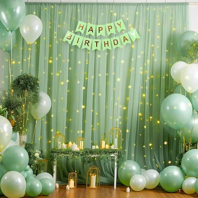 10ft x 10ft Green Backdrop Curtain with Lights String for Parties, Sheer Tulle Wedding Photo Backdrops Drapes for Baby Shower Birthday Party Decorations Background for Photography