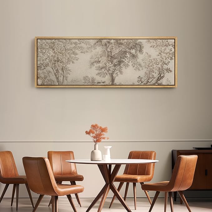 SIGNFORD Large Framed Canvas Print Wall Art Vintage Arboreal Trees in an Etching Illustrations Modern Art Relax/Calm Warm for Living Room, Bedroom, Office - 60"x20"