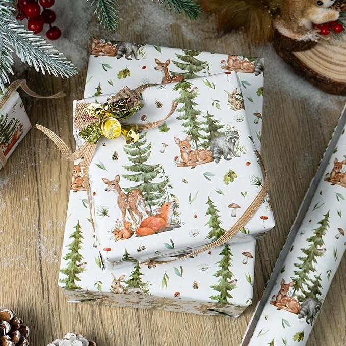 MAYPLUSS Christmas Wrapping Paper Roll - 17 In x 33 Feet - Cute Watercolor Christmas Tree Reindeer Rabbit Squirrel Gift Wrap Paper for New Year, Holiday, Kids