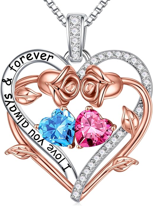 Iefil Rose Heart Double Birthstone Necklace Gifts for Wife Her Mom Women, Birthstone Jewelry Gemstone Birthday Gifts for Girlfriend Grandma Her Wife Women