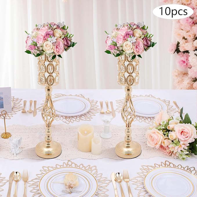 Wedding Centerpieces for Tables, 10 Pcs Vases for Centerpieces with Crystal Beads, 24in Tall Wedding Vase for Tables, Metal Flower Vase Stand with Crystal Beads for Wedding (Gold)