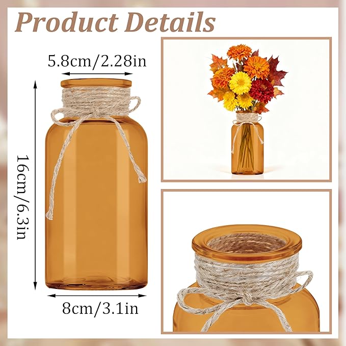 Vintage Glass Flower Vase，12 Pack Farmhouse Amber Gold Glass Centerpiece Vases Mason Jars for Weddings, Parties & Home Decor Bulk (12, Amber)