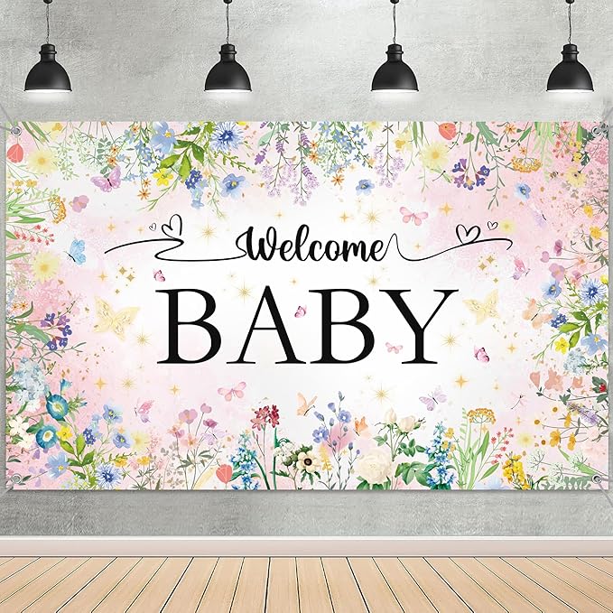 Wildflower Baby Shower Decorations Banner - Floral Welcome Baby Backdrop Party Supplies, Flower Theme Photo Background for Birthday Baby Shower Gender Reveal (72.8 x 35.4 inch)