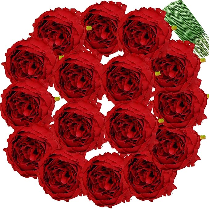FagusHome 25 Pcs Silk Peony Artificial Flower Heads 4 inch Fake Peony Flowers Heads with Stems Artificial Peony Flower Heads in Bulk Wholesale for Wedding Home Decor (Red)