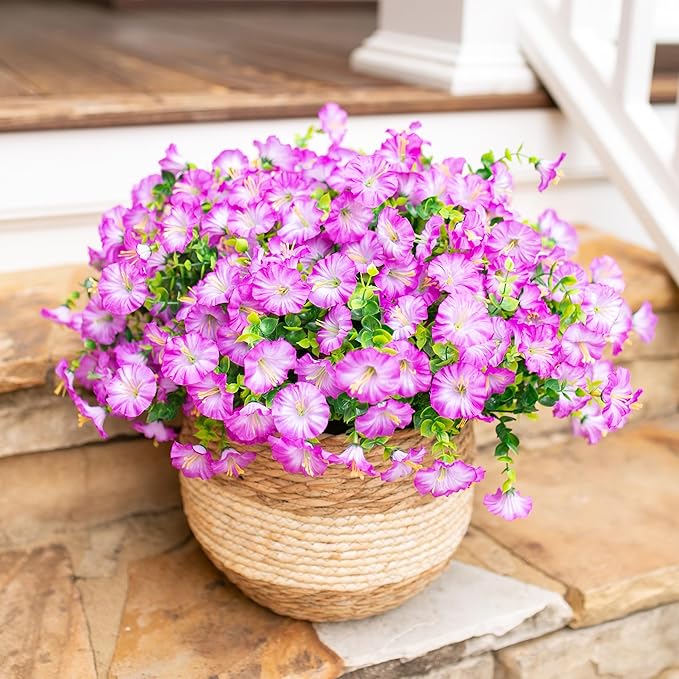 HyeFlora Artificial Flowers for Outdoors Fake Plants Outside Decoration, 12 Bundles Silk Purple Morning Glory UV Resistant Look Real Faux Flowers for Planter Front Door Porch Patio Yard Gardens Home