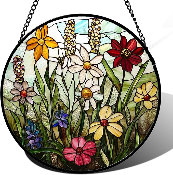 Stained Glass Window Hanging, Colorful Wildflowers Plant Scenery Suncatcher for Doors Window Home White Green Sun Catchers Decor Mother's Day Birthday Gifts for Women, Men Mom 9.8 in