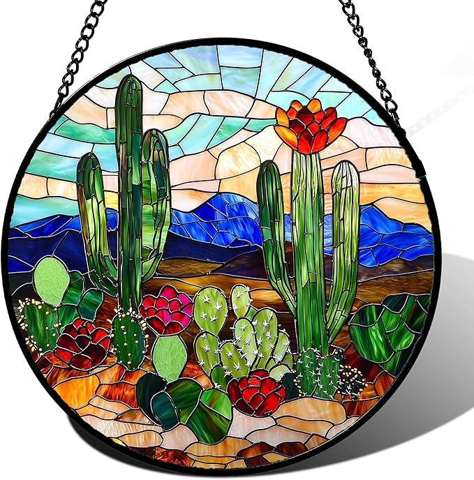 Stained Glass Window Hanging, Green Cactus Suncatcher for Doors Window Home Plant Landscape Sun Catchers Decoration Mother's Day Birthday Gifts for Women, Men, and Mom 11.8 in