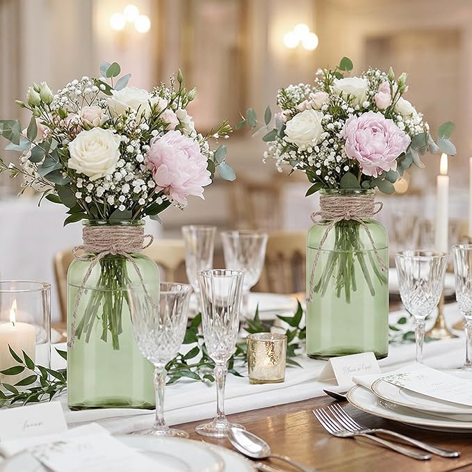 Vintage Glass Flower Vase，6 Pack Green Farmhouse Glass Centerpiece Vases Mason Jars for Weddings, Parties & Home Decor Bulk (6,Green)