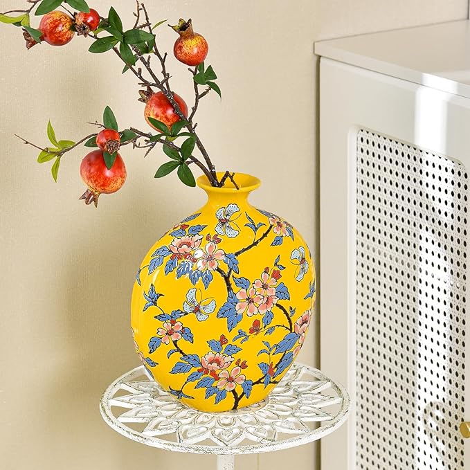 Sungmor High-Class Enamel Painted Porcelain Vase, Traditional Hand-Carved Overglaze Color Ceramic Vase for Fresh Flowers Dried Plants Arrangement, Decorative Vase for Centerpieces, Shelf, Living Room