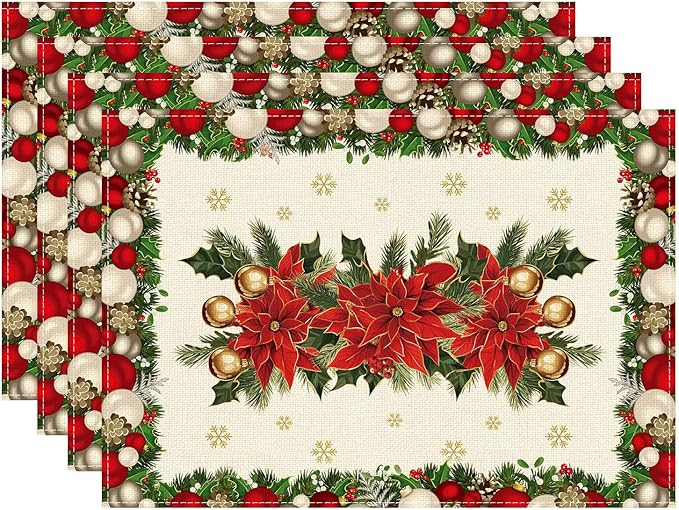 XCHI Christmas Poinsettias Leaves Bells Snowflakes Winter Xmas Placemats Set of 4 Table Mats for Party Home Kitchen Dining Table Decorations 12x18 Inch