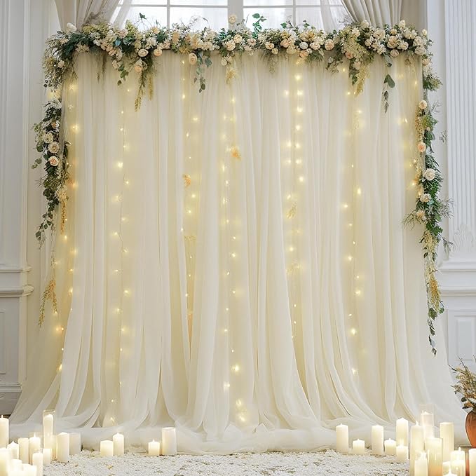20ft x 10ft Ivory Backdrop Curtain with Lights String for Parties, Sheer Tulle Wedding Photo Backdrops Drapes for Baby Shower Birthday Party Decorations Background for Photography