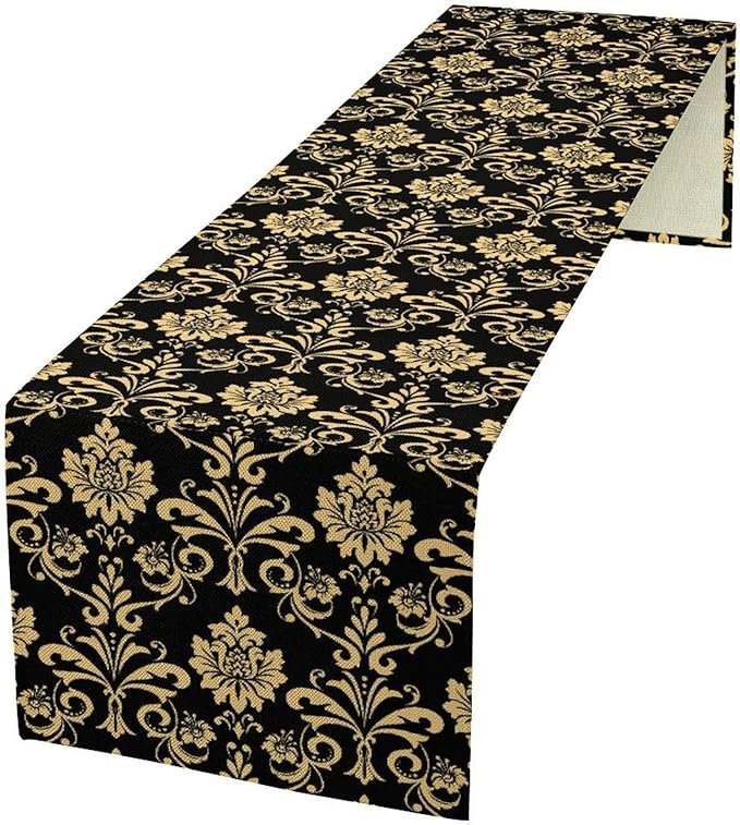 Gold Damask Table Runner,Gothic Antique Victorian Floral Boho Table Runner for Home Kitchen Table Dining Garden Farmhouse Wedding Party Decor 13x90 Inch