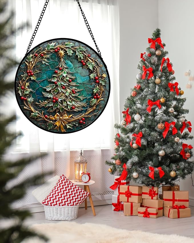 Stained Glass Window Hangings - Red Gold Green Wreath Suncatcher for Door Home Christmas Tree Decoration Sun Catcher Thanksgiving New Year Birthday Gift for Women Men Mom Grandma 6.3 in