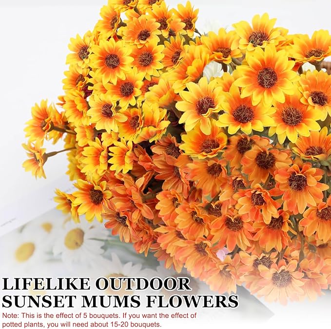 Artificial Mums 10 Bundles, Artificial Sunset Mums, Artificial Outdoor Sunset Mum-s Flowers - UV Resistant, Waterproof, Windproof, Reflecting Autumn Vibe (Gold - 10 Bundles)