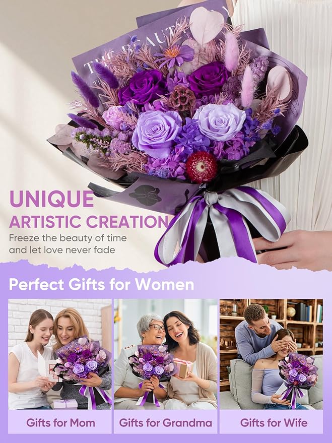 Flowers for Delivery Preserved Flower Fresh Bouquet Forever Flowers Birthday Gifts for Women Mom Anniversary Purple Real Rose Gifts for Grandma Sister Wife Her from Daughter Home Wedding Decor