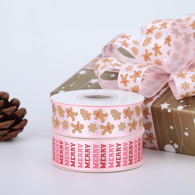 Gingerbread Ribbon 7/8 Inch 20 Yards Pink Merry Christmas Candy Cane Craft Ribbon for Gift Wrapping Wreath Bow DIY Crafts Supplies