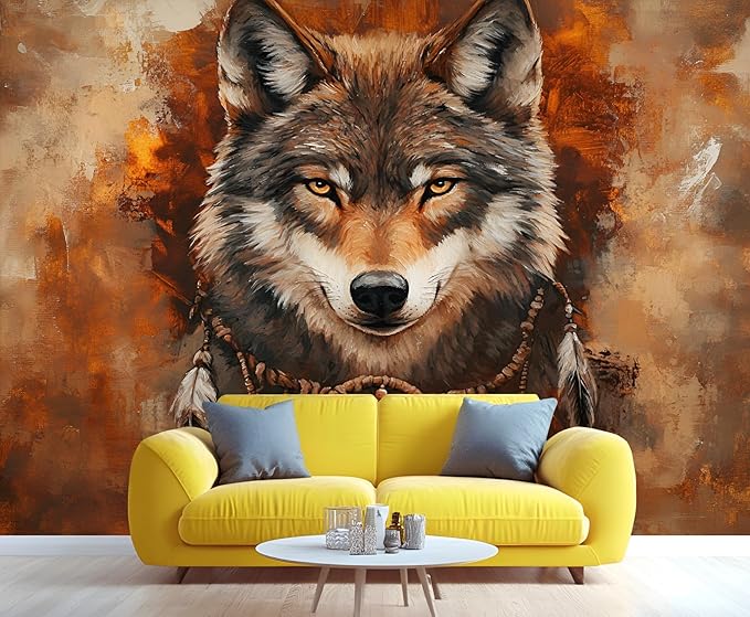 Wolf Dreamcatcher Wall Mural, Tribal Wolf 3D Wall Murals, Feathers Dreamcatcher Animal Totem Wallpaper Mural, for Living Room Bedroom Large Wallpaper Indoor Decor 98.4" W x68.9 H