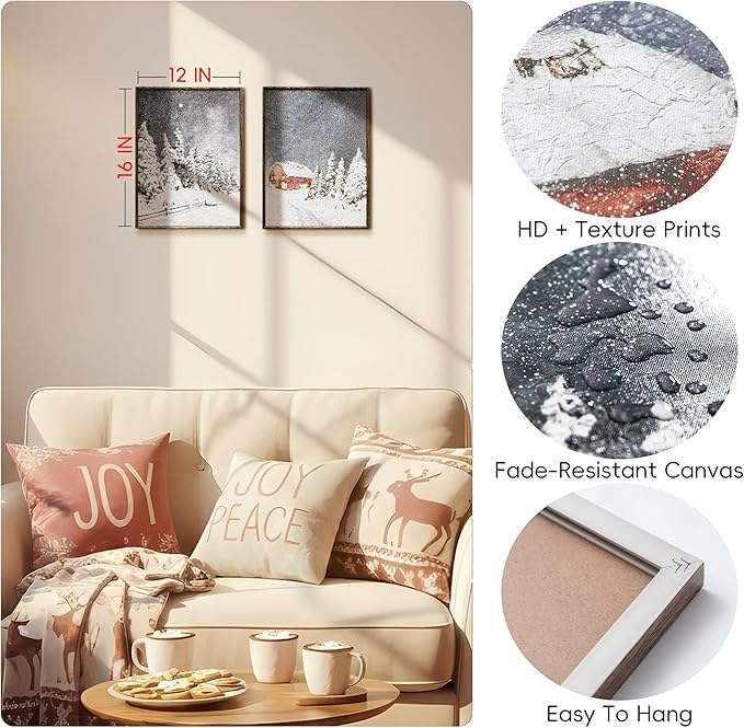 ArtbyHannah Framed Christmas Canvas Wall Art Decor Set of 2, Xmas Pictures Prints Paintings for Living Room Bedroom, Winter Holiday Home Indoor Decorations with Red House and Tree (12x16 Inch)