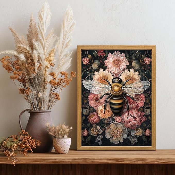 LLEEMPI William Morris Wall Art, Vintage Bee Floral Wall Decor, Insect Flower Canvas Painting, Abstract Nature Botanical Poster Print for Living Room Bedroom Kid Room Hallway Wood Framed 12x16 inch
