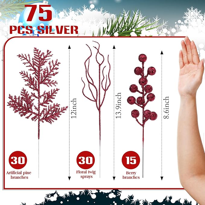 75 Pcs Christmas Glitter Branches 3 Styles Artificial Christmas Picks Berries Stems Pine Needles Floral Twig Spray for Xmas Tree Ornaments DIY Wreath Garland(Burgundy)