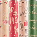 Happypapa Christmas Wrapping Paper, Kraft Xmas Wrapping Paper Rolls - Santa Claus, Gift, Reindeer and Merry Christmas Pattern - 4 Rolls - 17 Inch × 120 Inch Per Roll