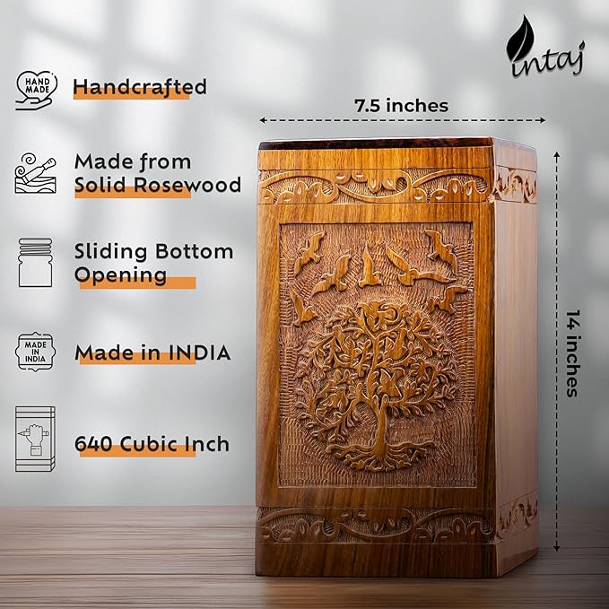 INTAJ Cremation Urns for Ashes – Companion Wooden Tree of Life Urn Box and Casket for Human Ashes of Men, Women, Child, or Pets (Cat/Dog) – Memorial Burial Funeral Urns – Holds 640 Cubic Inches