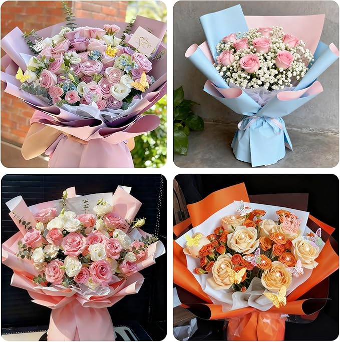 DNSGOOR 548Pcs Flower Wrapping Paper Kit with 200Sheets Double Sided Color Waterproof Bouquet Wrapping Paper Decor Crowns 3D Butterfly Bouquet Pins Ribbons for Valentines Graduation Birthday Party