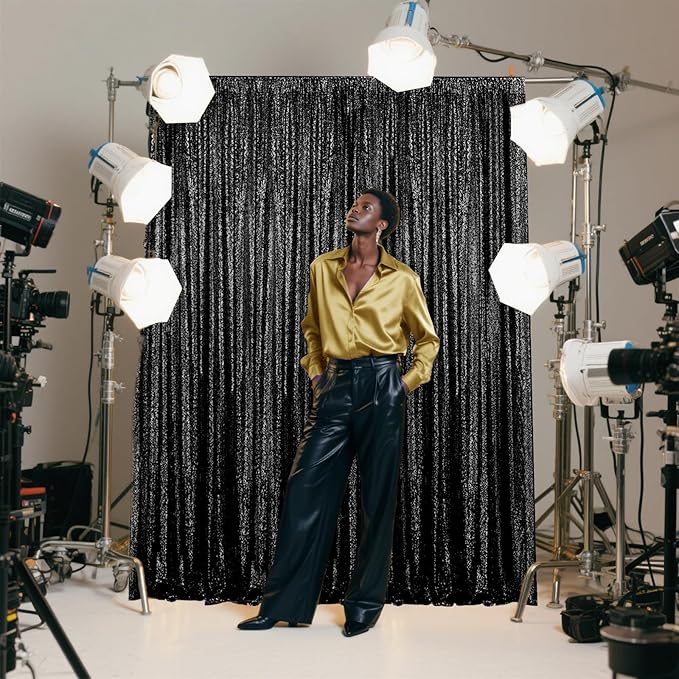 Black Sequin Backdrop Curtain 4 Pieces 2FTx8FT Glitter Photography Backdrop for Party Wedding Birthday Christmas Decorations