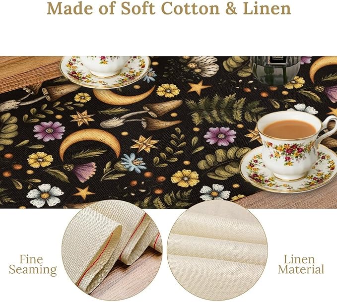 Vintage Mushroom Table Runner, Rustic Botanical Flowers Fern Moon Star Print Table Runner for Home Kitchen Dining Table Decoration Indoor Outdoor Party, 13x108inch