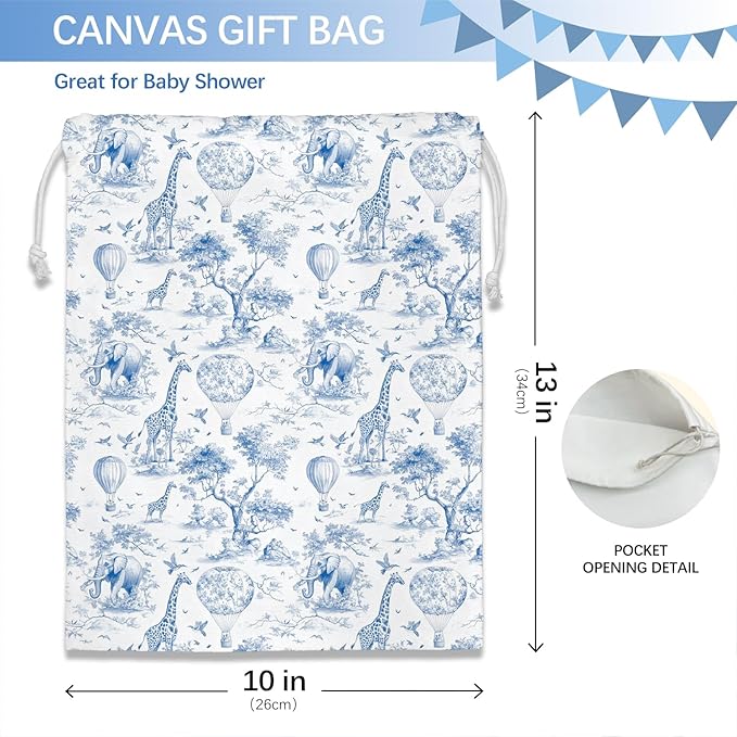 DSHFG Blue Safari Toile Chinoiserie Birthday Drawstring Gift Wrap Bags, Chinoiserie Animal Baby Shower Drawstring Gift Bags Canvas, Blue and White Small Happy Birthday Bag, Gifts for Women, 10x13 Inch