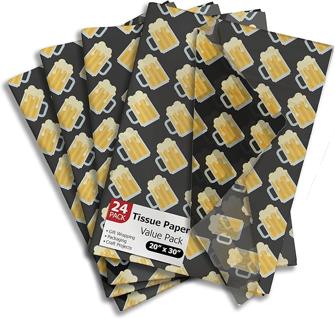 Pro Supply Global Beer Printed Tissue Paper for Gift Bags or Boxes and Wrapping - Father's Day Adult Bulk Decorative Art Tissue Paper for Packaging and Gifting | 24 Sheets 20" x 30"