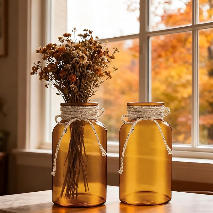 Vintage Glass Flower Vase，12 Pack Farmhouse Amber Gold Glass Centerpiece Vases Mason Jars for Weddings, Parties & Home Decor Bulk (12, Amber)