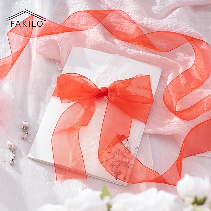 Red Organza Ribbon for Gift Wrapping, FAKILO 2 Inch Shimmer Sheer Wrapping Ribbon for Bouquet, Wedding,Festival - 50 Yards Each Roll
