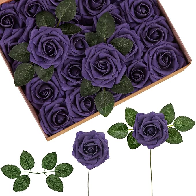 InnoGear Artificial Flowers, 50 Pcs Dusty Purple Foam Fake Roses Bulk with Stems for Decoration DIY Wedding Bouquets Centerpieces Bridal Shower Party Valentines Christmas Tree