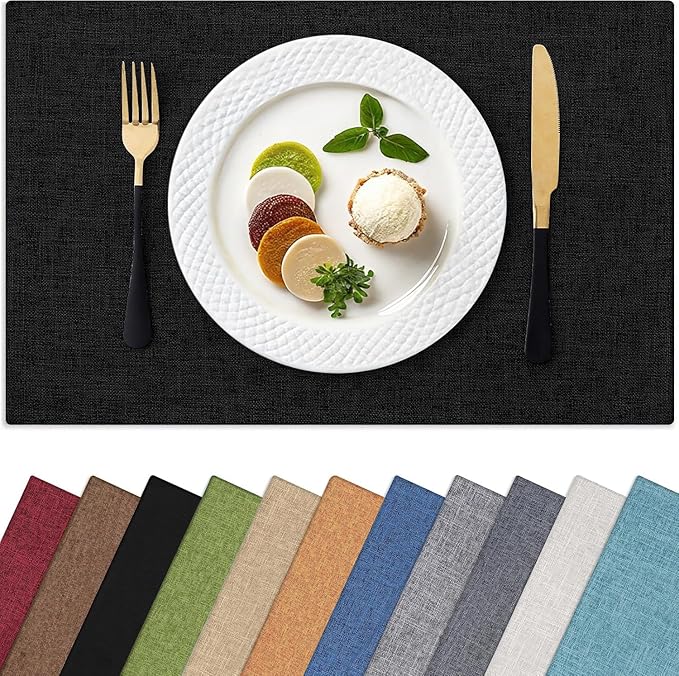 Homaxy Cloths Placemats for Dining Table Set of 6, Heat Resistant Washable Cotton Linen Blend Table Mats, Easy to Clean Place Mats for Indoor Outdoor Party Kitchen Decoration, 13" x 19", Black