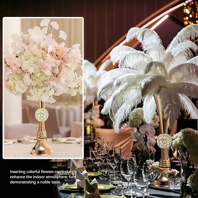 VIJIV 22" Gold Luxury Flower Vase for Wedding Centerpieces - Crystal-Embedded Tall Geometric Metal Vase for Feather, Rust-Resistant Table Decor for Gatsby Party/Reception/Hotel Floral Arrangements