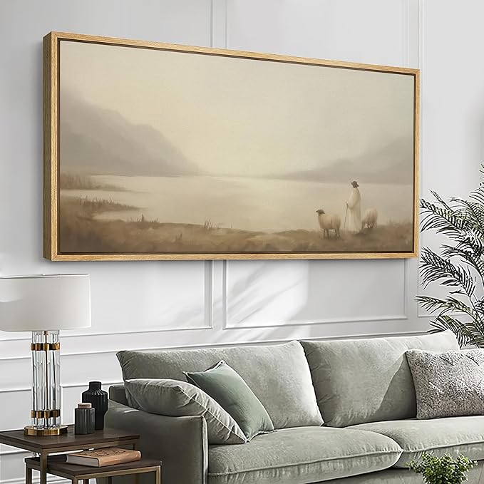 SIGNFORD Extra Large Framed Canvas Print Wall Art Pastoral Scene with Shepherd and Sheep by Lake Illustrations Modern Art Relax/Calm Warm for Living Room, Bedroom, Office - 60"x30"
