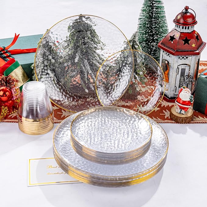 Rubtlamp 175 Pcs Plastic Dinnerware Set (25 Guests), Clear And Gold Plastic Plates, Hammered Party Plates Include Dinner Platos, Dessert Platos, Cups, Gold Cutlery Set And Napkins for Christmas
