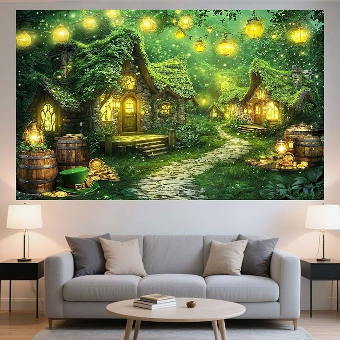 7X5ft St. Patrick's Day Backdrop Magic Enchanted Forest Green House Lucky Irish Shamrock Gold Coins Wonderland Photography Background for Kids Girls Party Decoration Cake Table Photo Booth Props