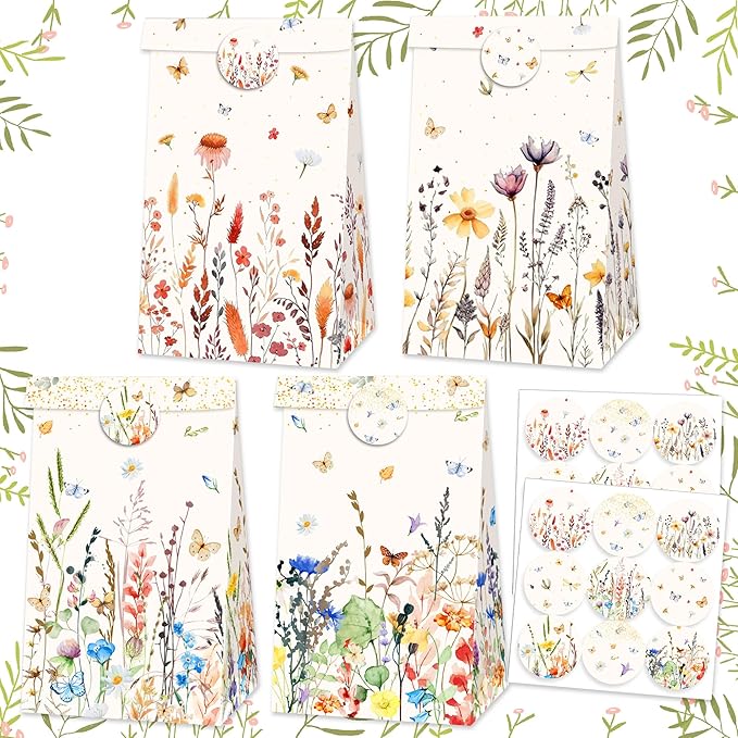 12 PCS Wildflower Party Favor Gift Bags Boho Floral Small Candy Goodie Bags Boxes with Stickers Wildflower Bridal Shower Birthday Wedding Party Supplies
