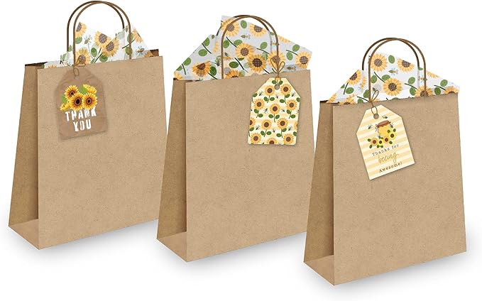 Pro Supply Global Strung Sunflowers Theme Gift Tags - 2.5x3 Inch 24 Pack - 3 Design Styles Assorted Cardstock Prints Pre-Strung Hanging Labels Suitable for Wrapping Favors DIY Presents Packaging Bags.