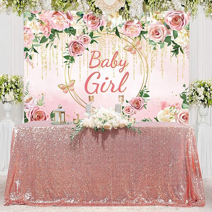 InMemory Pink Rose Baby Girl Baby Shower Backdrop Banner Decorations for Girl,Pink Gold Flower It's a Girl Banner Photography Background for Sweet Girls Baby Shower Party Decor Photoshoot Props 10x7ft