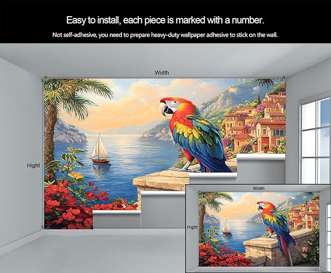 KIREUPA Macaw Parrot Wall Mural, Coastal Mediterranean Parrot 3d Wall Murals, Sunset Seaside Village Scene Wallpaper Mural, for Living Room Bedroom Large Wallpaper Indoor Decor 59" W x39.4 H