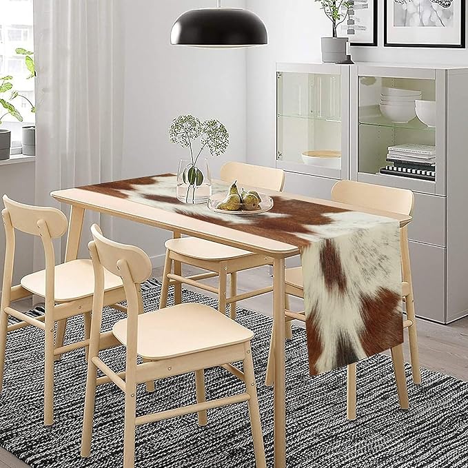 Cow Skin Print Table Runner, Rustic Country Farmhouse Animal Fur Skin Western Farm Dark Brown Cowhide Print Dinner Runner Table Decoration for Home Kitchen Dining 13x120in