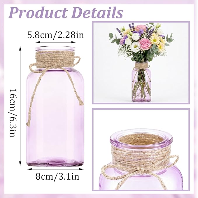 Vintage Glass Flower Vase，6 Pack Farmhouse Purple Glass Centerpiece Vases Mason Jars for Weddings, Parties & Home Decor Bulk (6, Purple)